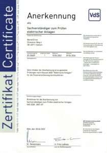 Zertifikat Schverständiger Elektroanlagen29102022